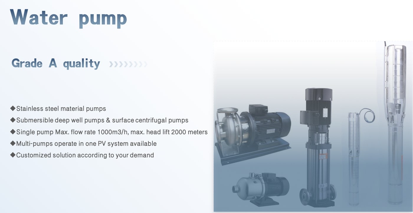 Submersible and surface water pump products for solar pump systems