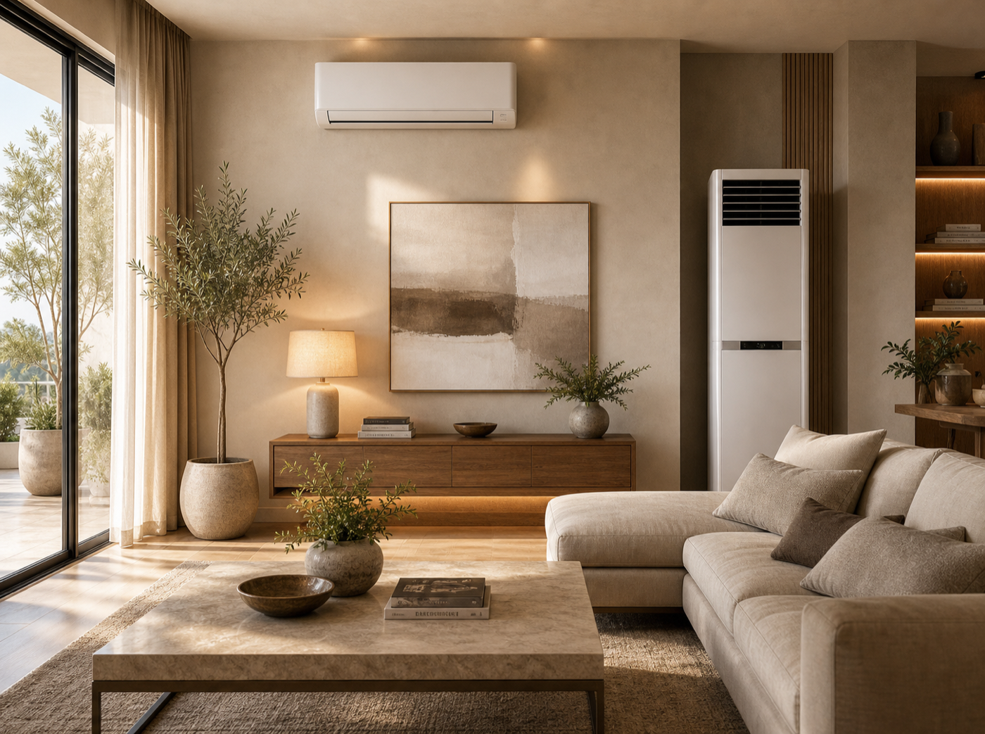 Warm European living room with wall-mounted air conditioner and floor-standing air conditioner