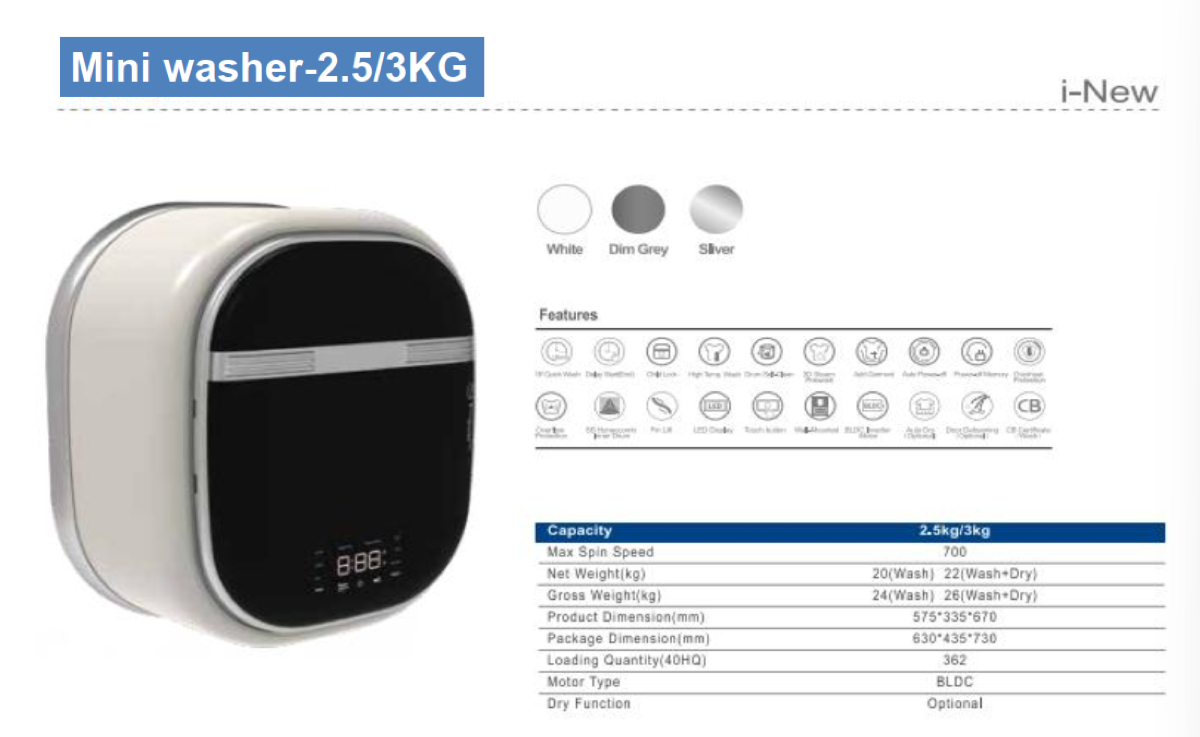 Mini washing machine product sheet