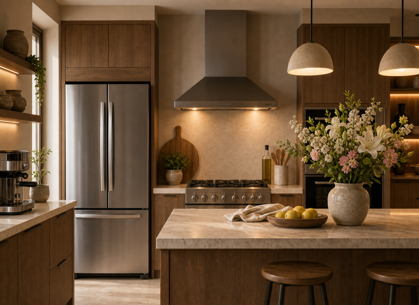 Modern warm kitchen with small appliances and fresh flowers on the counter