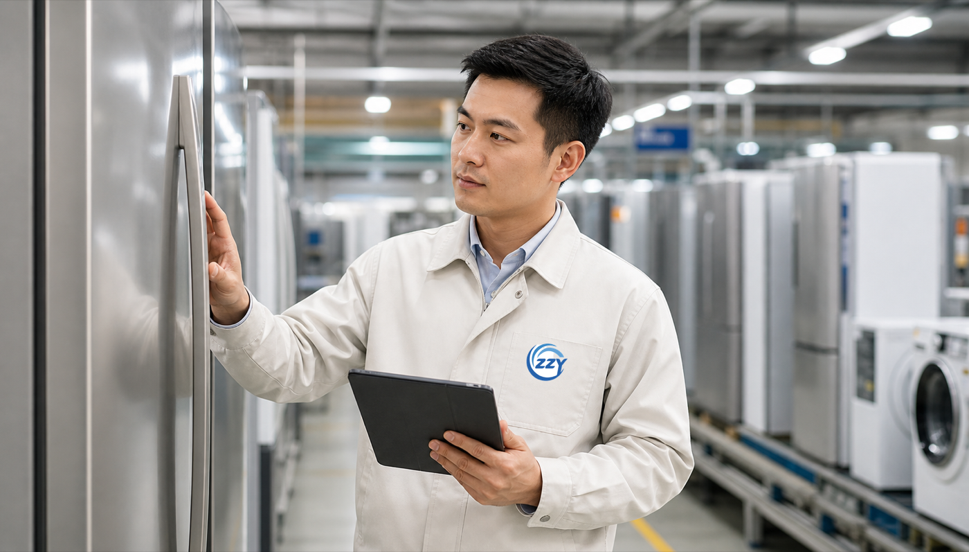 Chinese ZZY Comfort Home quality engineer inspecting appliances in a factory