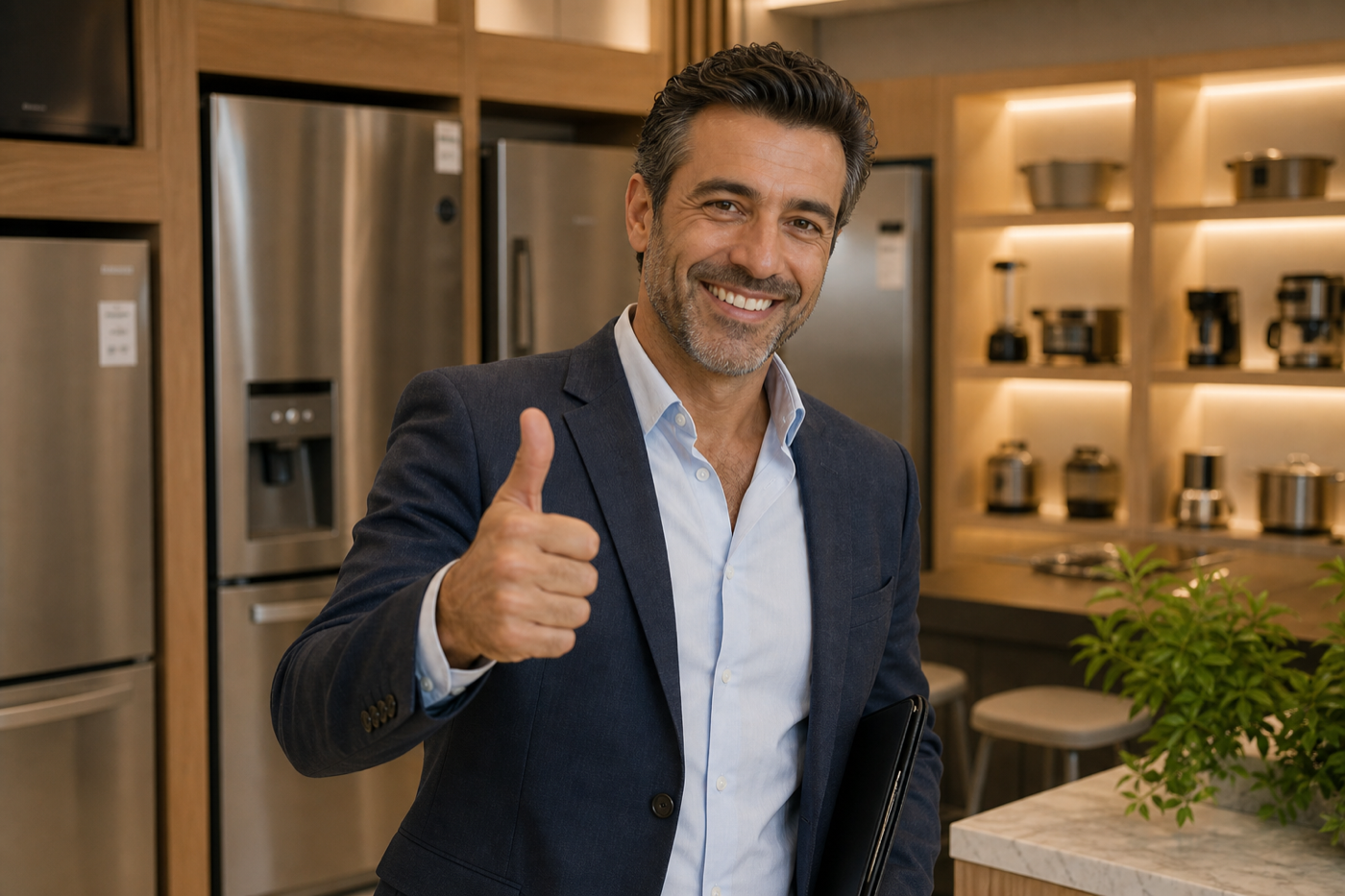 Satisfied Greek business customer giving thumbs up in an appliance showroom