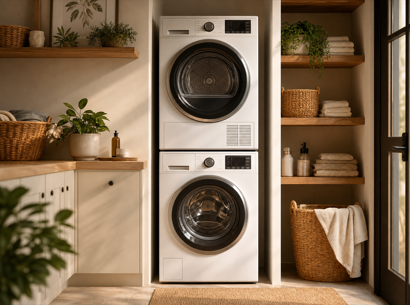 Stacked washing machine and dryer in a warm laundry room